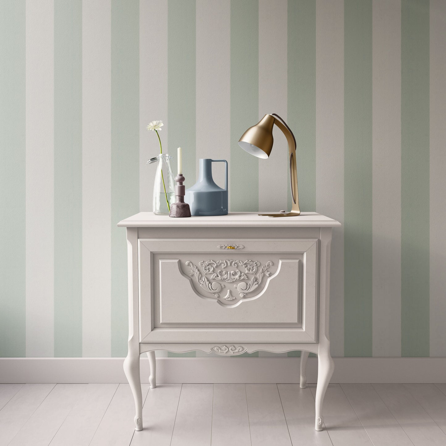 Dollhouse Wallpaper Miniature; Green Striped Modern 1:12; Peel and Stick or Premium Matte