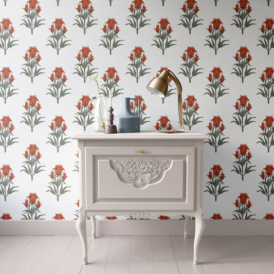 Dollhouse Wallpaper Red and White Rose Block Print Floral - Medium Print