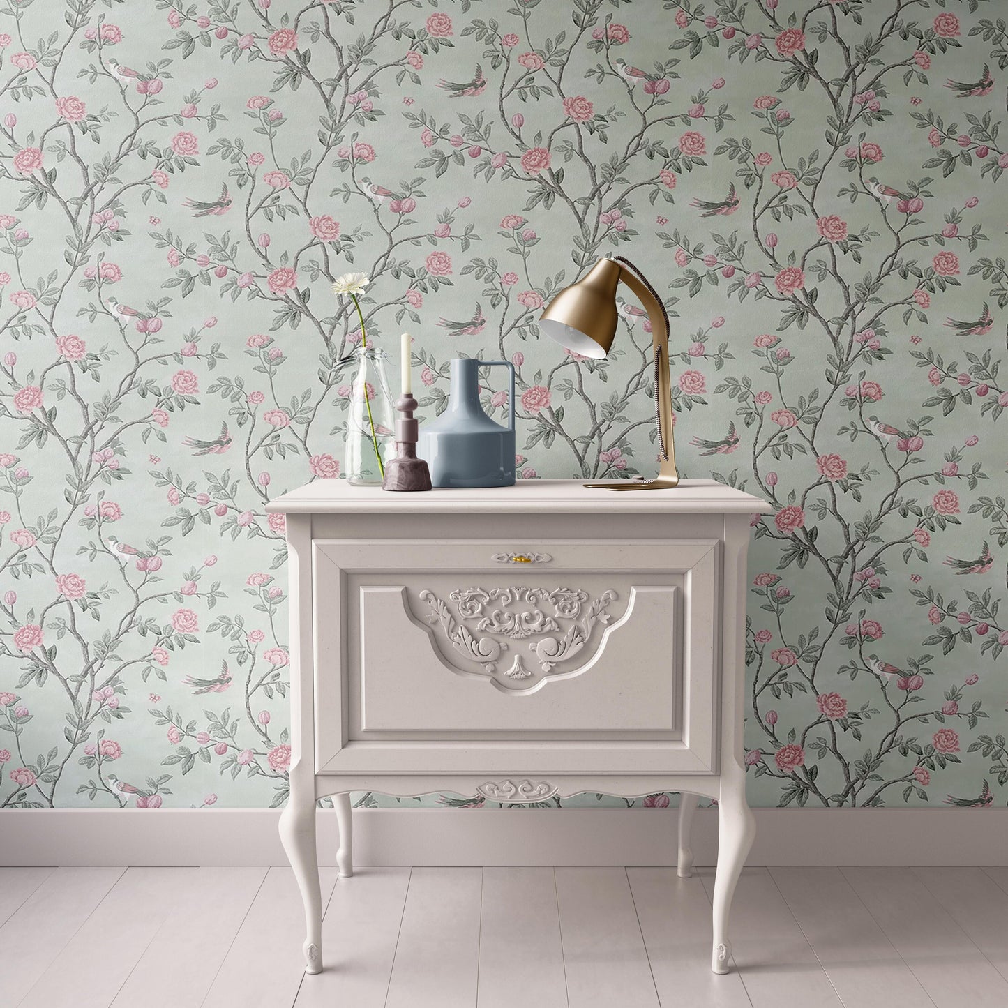 Dollhouse Wallpaper, Miniature Pink Green Bird Chinoiserie , 1:12, Peel & Stick or Premium Matte