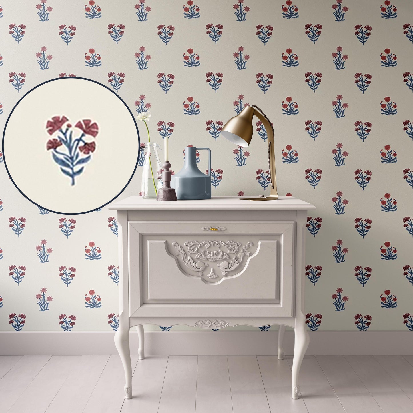 Dollhouse Wallpaper,  Miniature 1:12, Shabby Chic Floral Block Print; Country Red Blue on Cream, Traditional Peel and Stick or Premium Matte