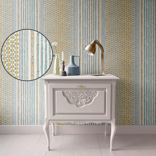 Dollhouse Wallpaper,  Miniature 1:12, Patterned Blue and Natural Geometric Stripe, Modern or Traditional Peel and Stick or Premium Matte