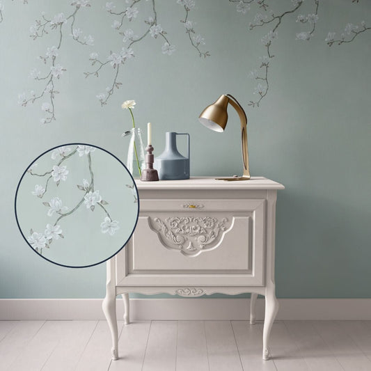 Dollhouse Wallpaper, Miniature Pale Blue Green Chinoiserie Floral Branch, 1:12, Peel & Stick or Premium Matte