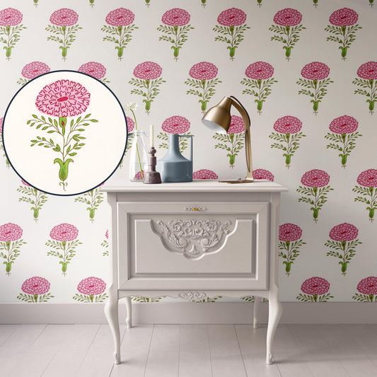 Dollhouse Wallpaper,  Miniature 1:12, Floral Block Print Indian; Pink and Cream, Traditional Peel and Stick or Premium Matte