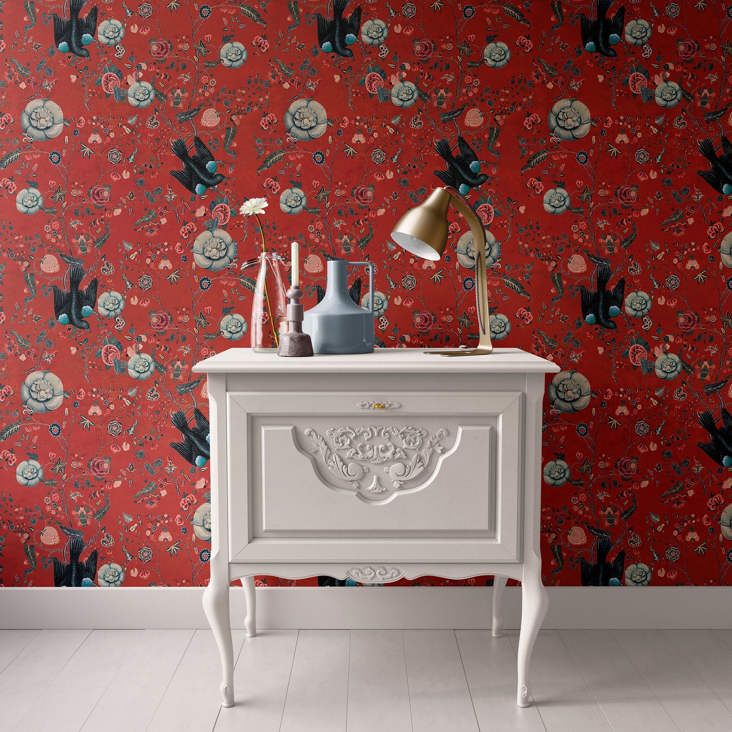 Luxury Dollhouse Wallpaper Miniature , Exotic Red and Blue,1:12; Peel and Stick or Premium Matte