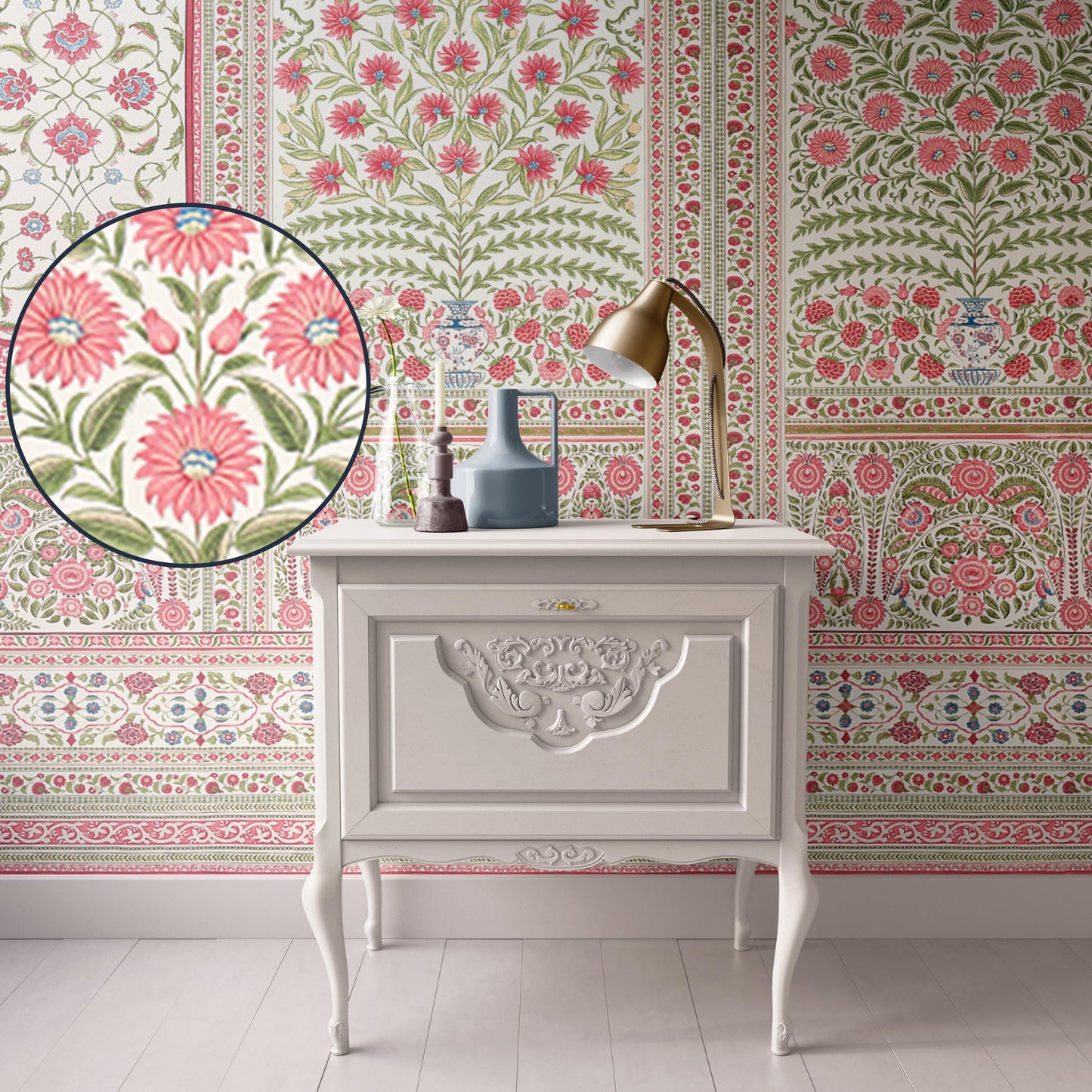 Dollhouse Wallpaper,  Miniature 1:12, Floral Block Print Panel; Indian Pink and Green, Traditional Peel and Stick or Premium Matte