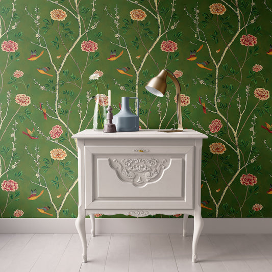 Dollhouse Wallpaper Miniature; Green Floral and Fauna, Peel and Stick or Premium Matte Paper; Victorian 1:12