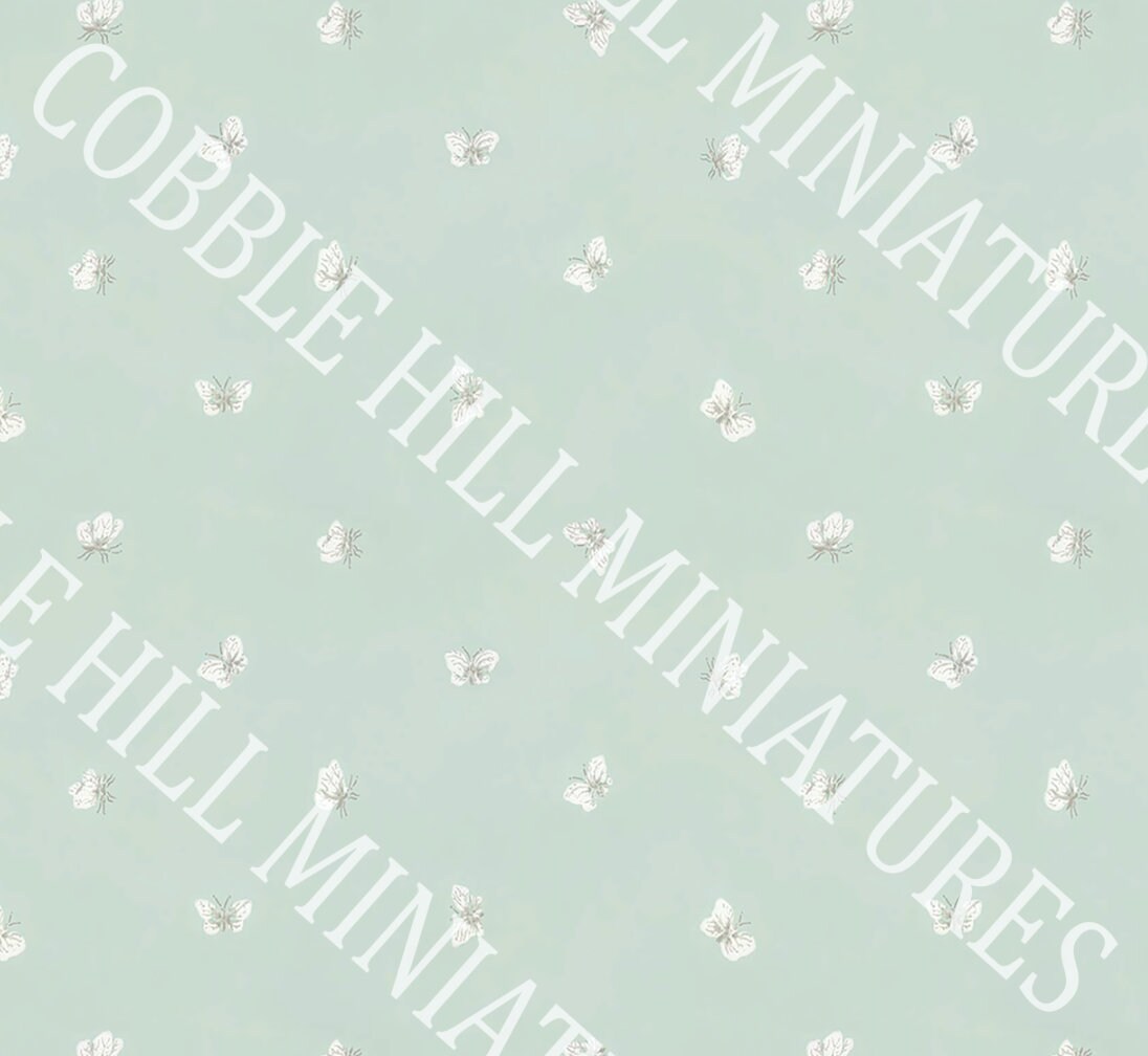 Dollhouse Wallpaper,  Miniature 1:12, Butterflies, Nursery or Children's Room, Whimsical Seafoam Blue-Green