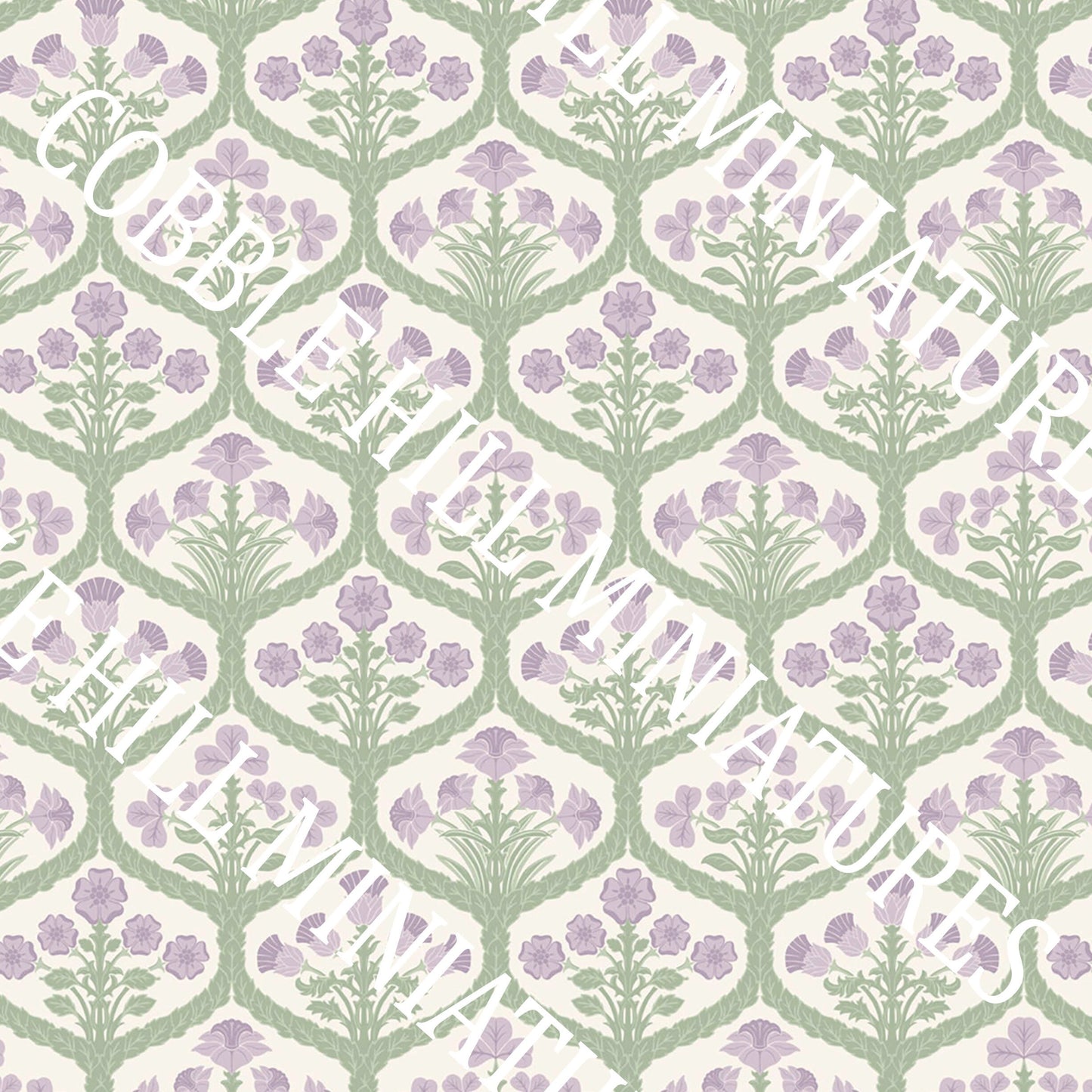 Dollhouse Wallpaper, 1:12 Miniature, Purple and Green Floral Trellis, Art Nouveau, Victorian