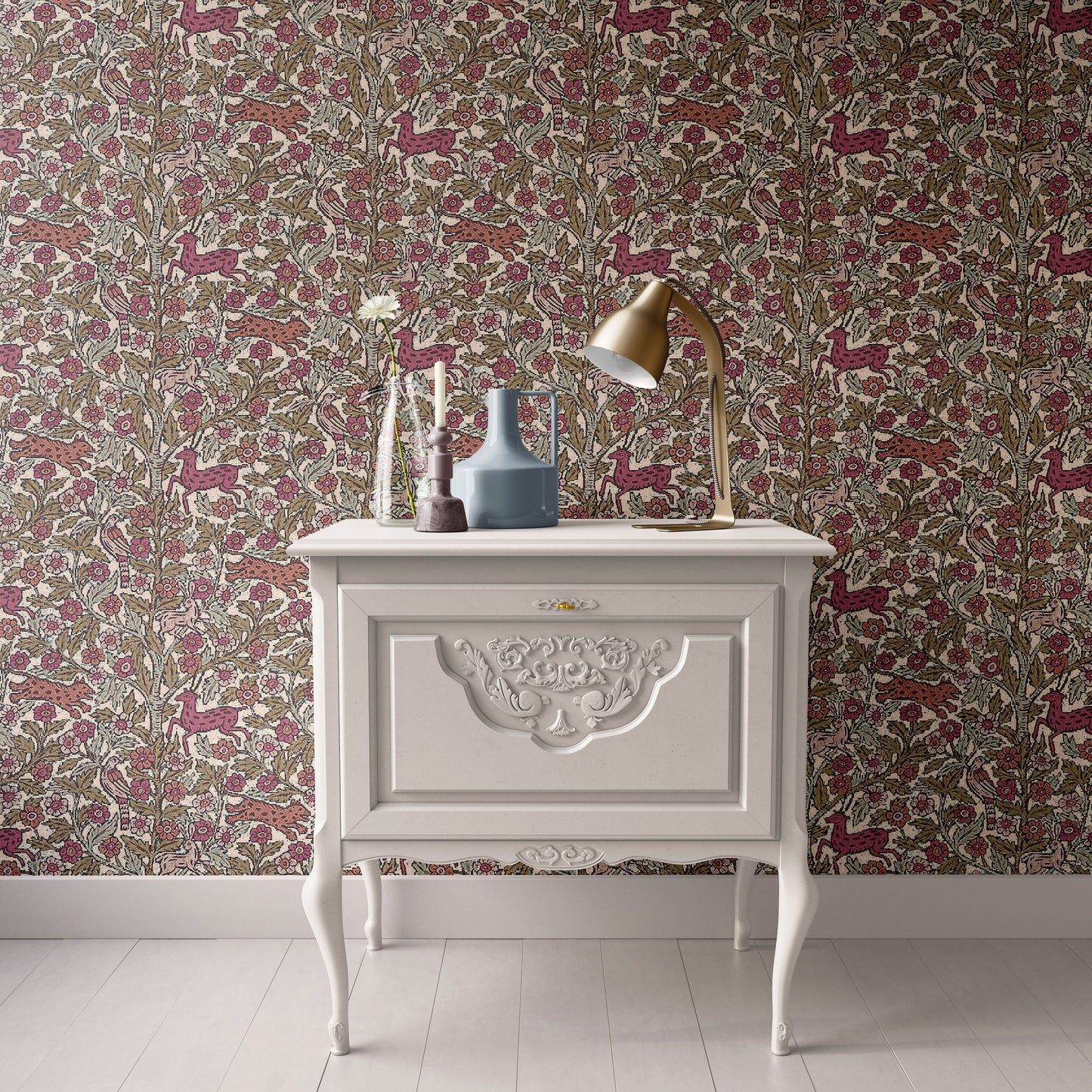 Dollhouse Wallpaper, Miniature 1:12, Forest Animals Warm Pink, Nursery