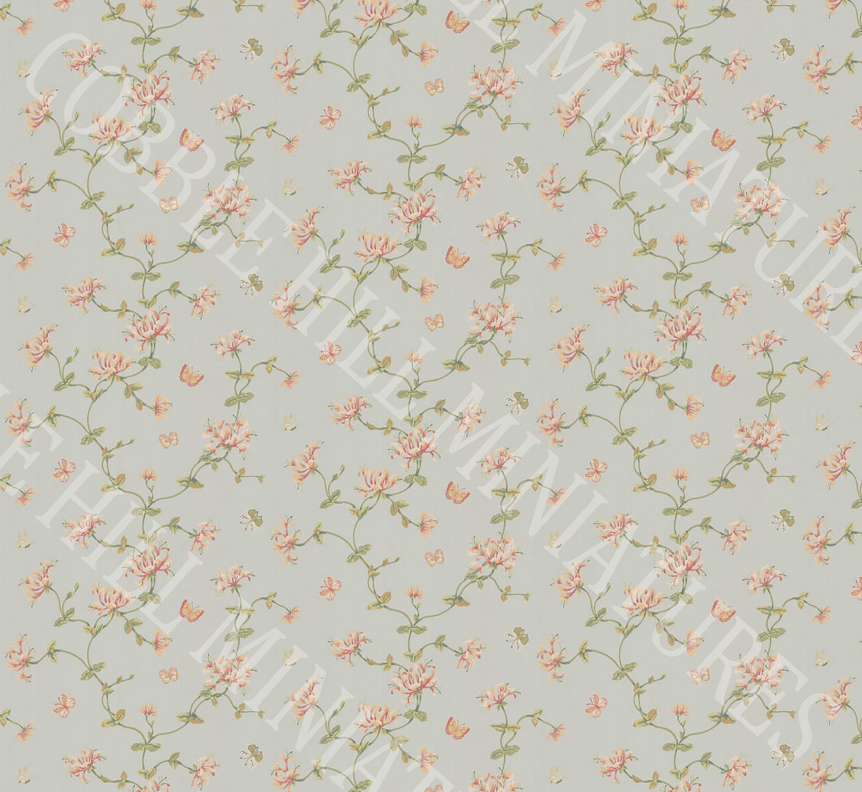 Dollhouse Wallpaper, Miniature 1:12, Blue Gray Butterfly Floral Vine