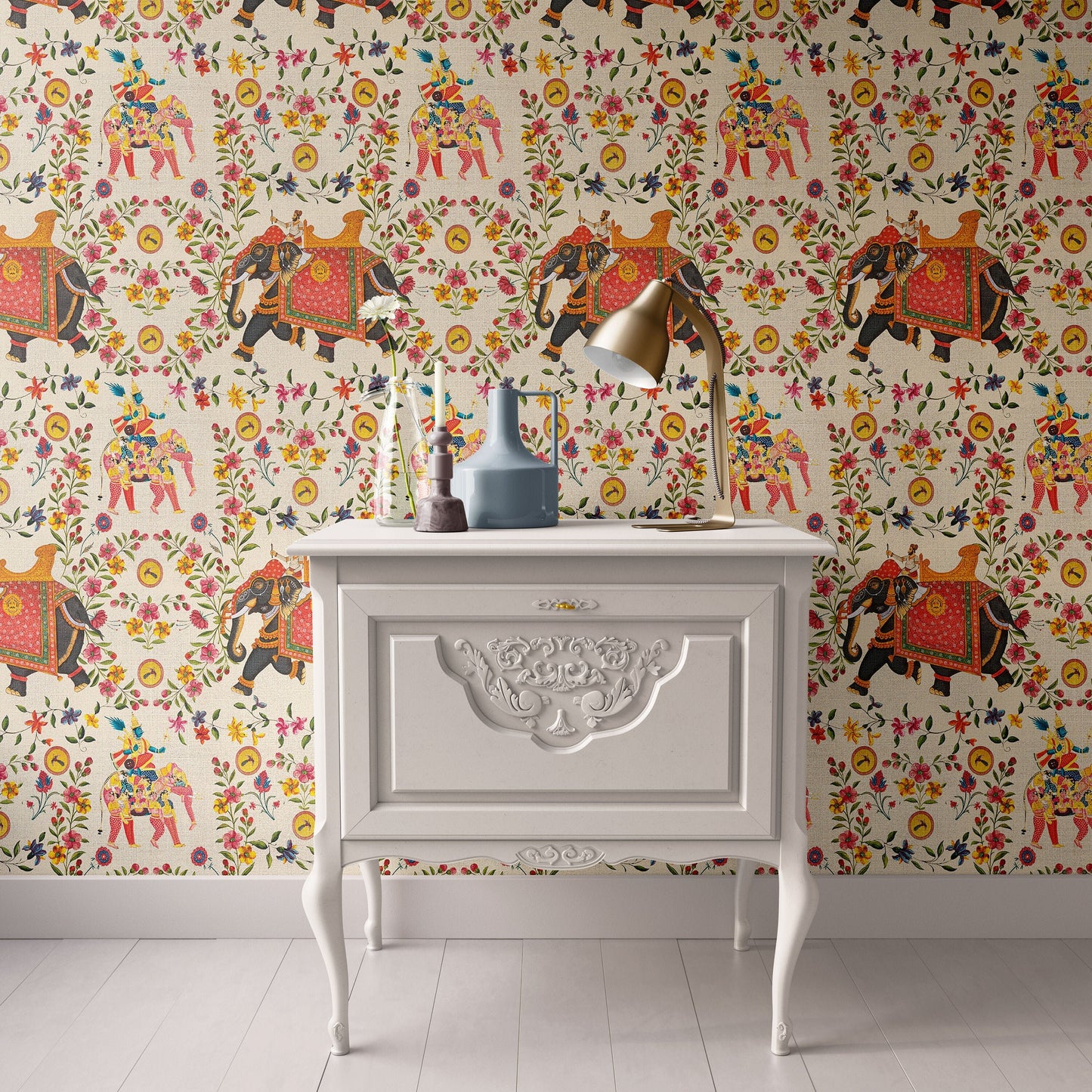 Luxury Dollhouse Wallpaper, Miniature , Exotic Elephants on Cream White Background 1:12