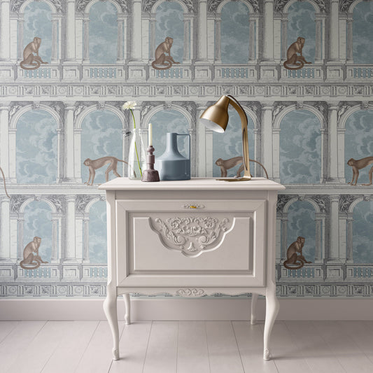 Dollhouse Wallpaper, Miniature 1:12, Blue Monkeys