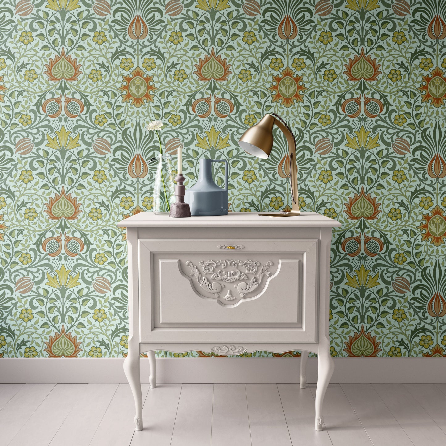 Dollhouse Wallpaper, 1:12 Miniature, Victorian Light Green and Blue William Morris Inspired Pattern
