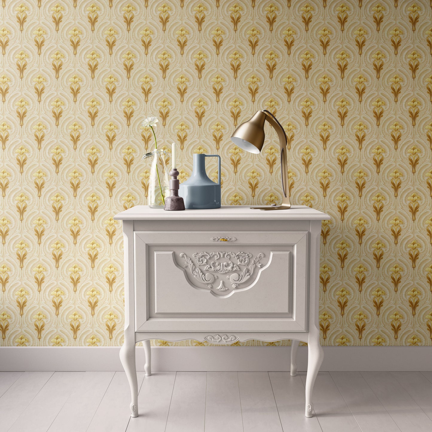 Dollhouse Wallpaper, 1:12 Miniature, Victorian, Peel and Stick or Premium Matte; Gold and Beige Trumpet Floral