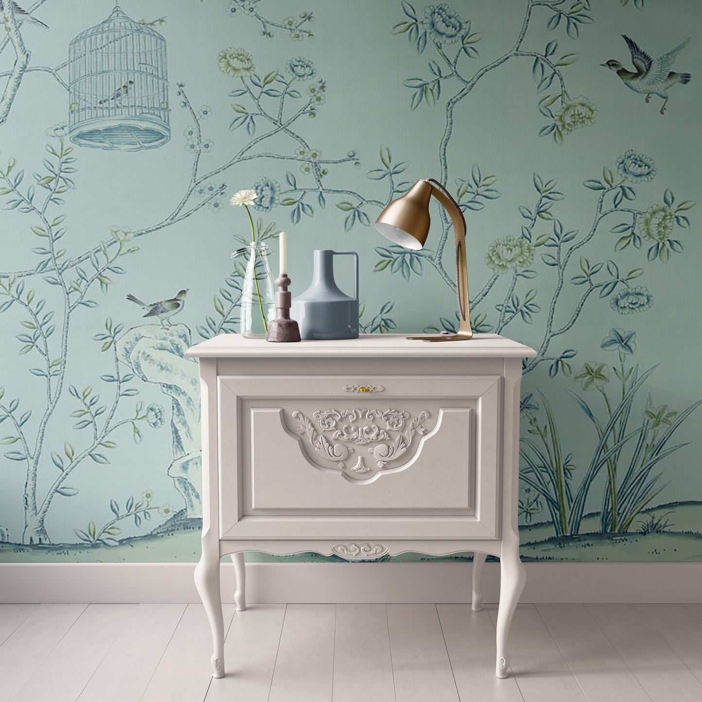 Blue Green Floral Chinoiserie with Birds