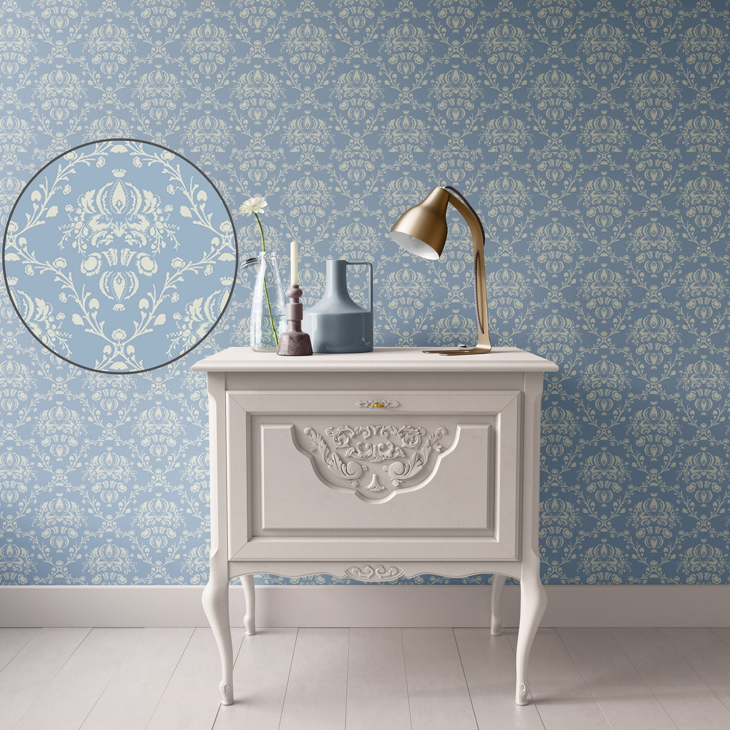 Dollhouse Wallpaper, 1:12 Miniature, Traditional Blue Damask, Peel & Stick or Premium Matte; Victorian