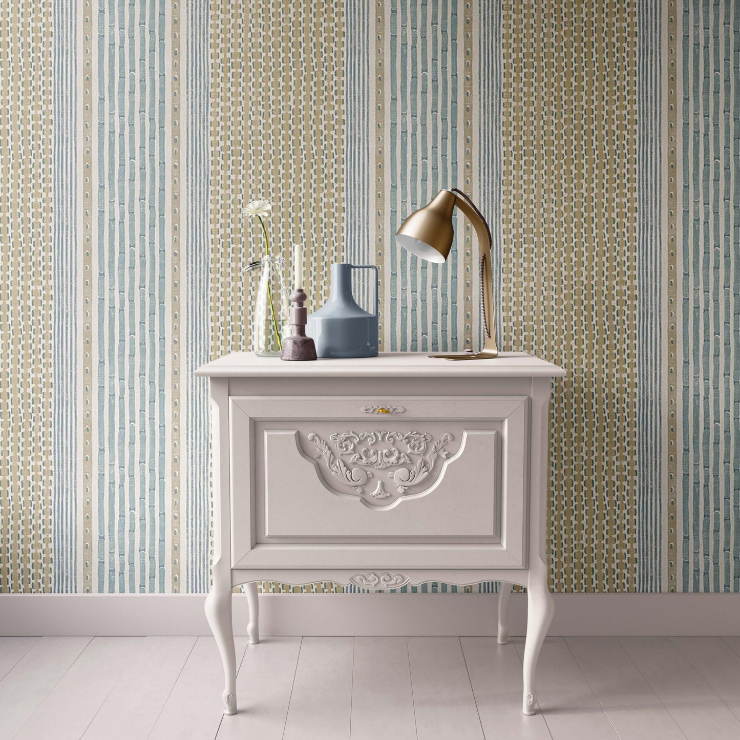 Dollhouse Wallpaper,  Miniature 1:12, Patterned Blue and Natural Geometric Stripe, Modern or Traditional Peel and Stick or Premium Matte