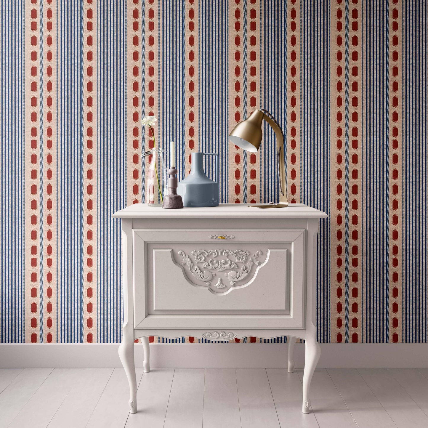 Dollhouse Wallpaper,  Miniature 1:12, Patterned Blue and Red Geometric Stripe, Modern or Traditional Peel and Stick or Premium Matte