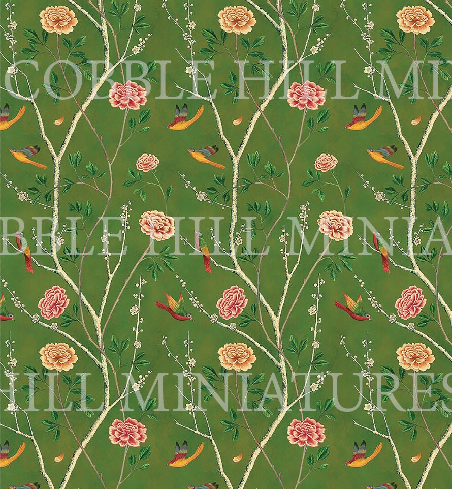 Dollhouse Wallpaper Miniature; Green Floral and Fauna, Peel and Stick or Premium Matte Paper; Victorian 1:12