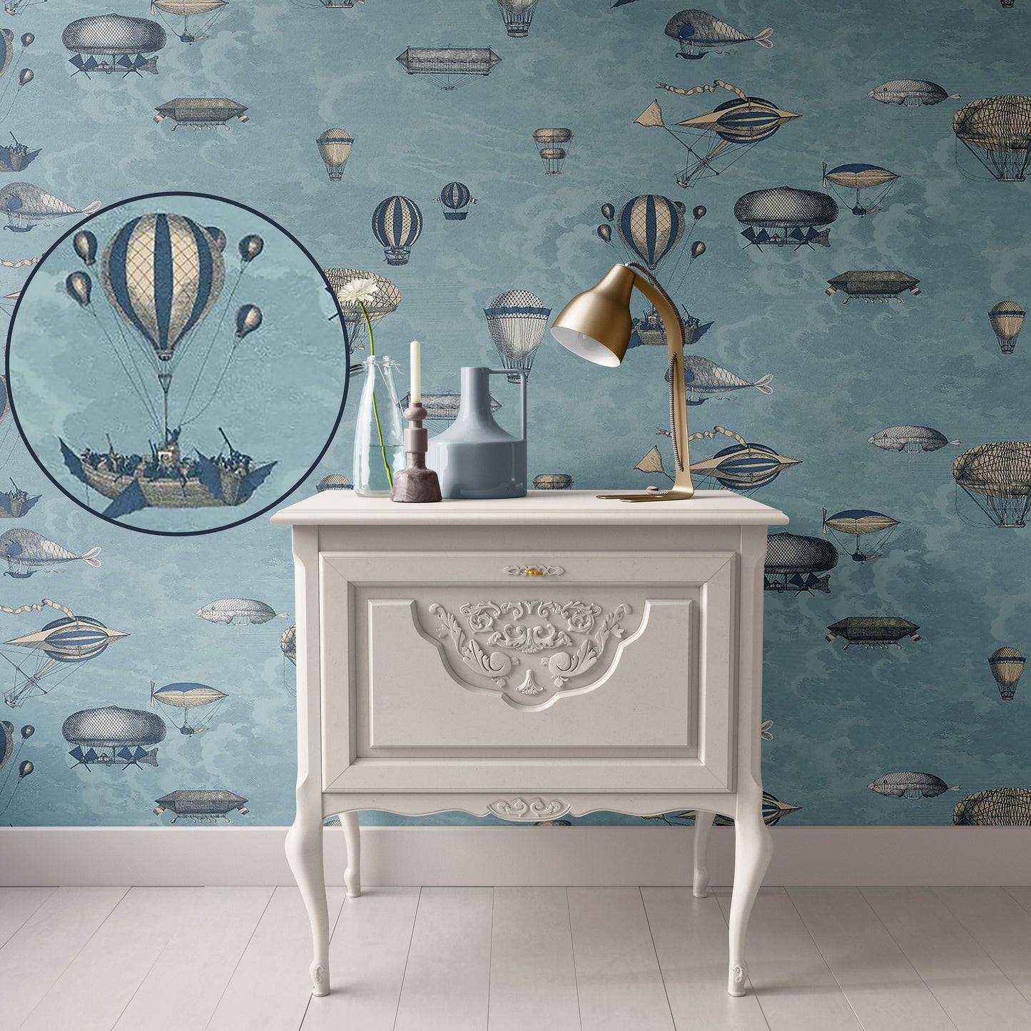 Dollhouse Wallpaper,  Miniature 1:12, Whimsical Blue Balloon, Peel and Stick or Premium Matte; Nursery