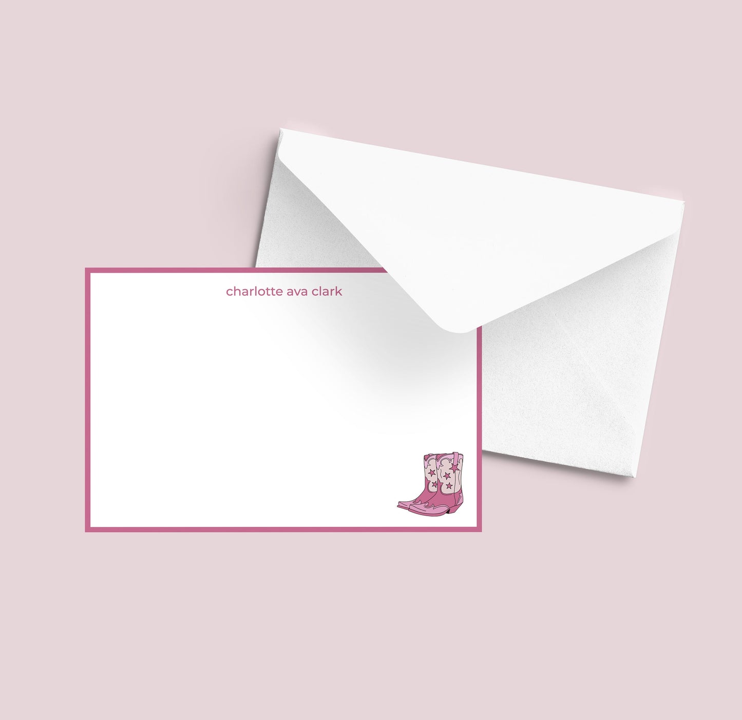 Personalized Cowgirl Stationery, Trendy, Cute, Girly, and Modern Boots Pink Border Notecard Set, Thank You Notes, Bachelorette Cowboy