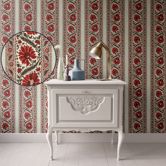 Dollhouse Wallpaper, Miniature  Striped Red Floral, 1:12; Peel and Stick or Premium Matte