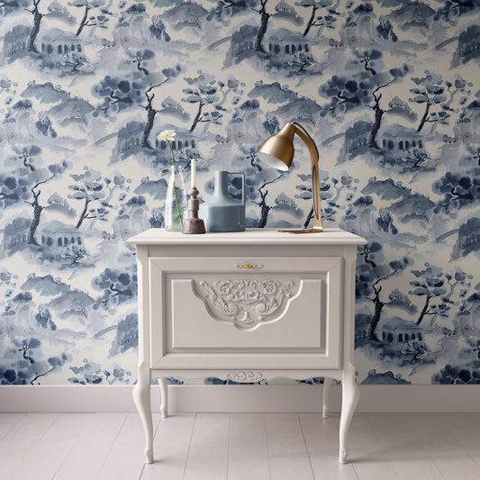 Dollhouse Wallpaper, Watercolor Toile Chinoiserie, Traditional Blue Miniature 1:12; Peel & Stick or Premium Matte