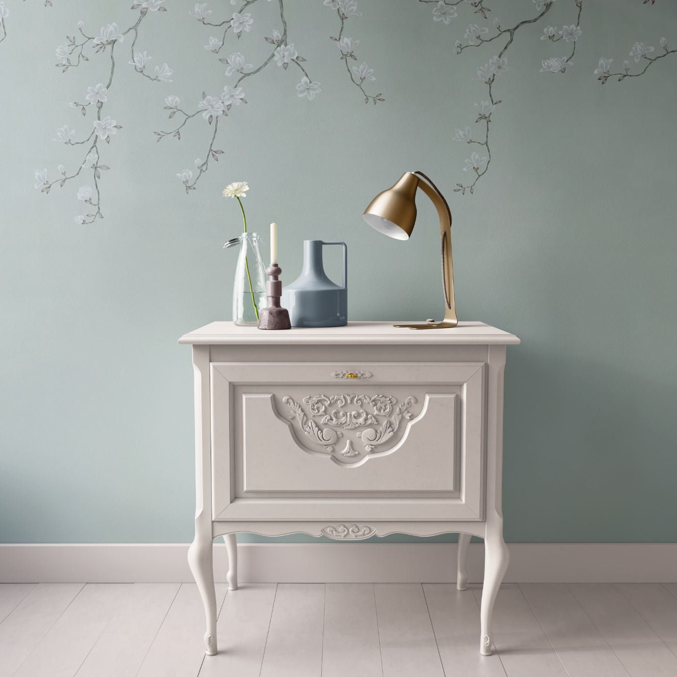 Dollhouse Wallpaper, Miniature Pale Blue Green Chinoiserie Floral Branch, 1:12, Peel & Stick or Premium Matte