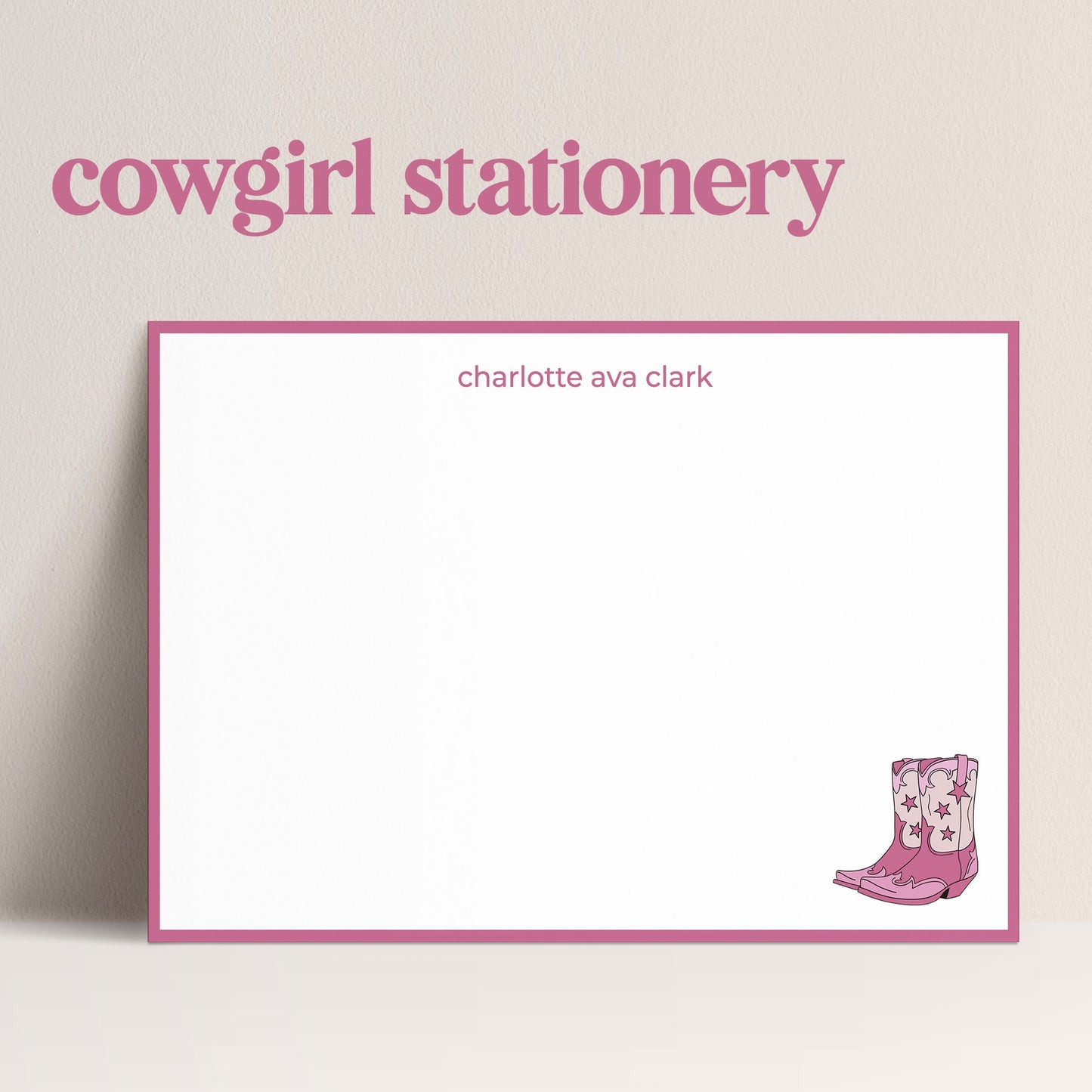 Personalized Cowgirl Stationery, Trendy, Cute, Girly, and Modern Boots Pink Border Notecard Set, Thank You Notes, Bachelorette Cowboy