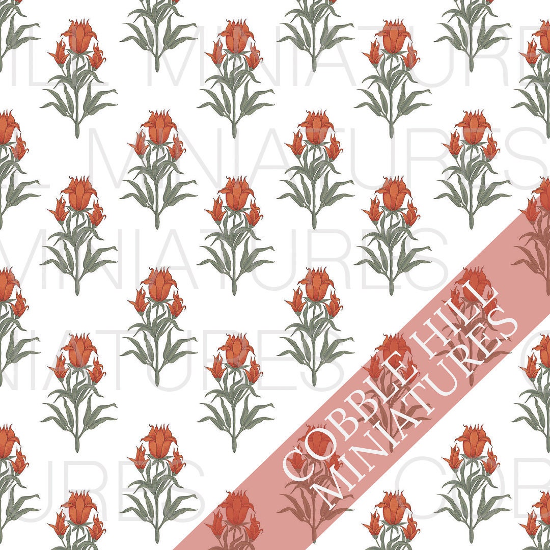 Dollhouse Wallpaper Red and White Rose Block Print Floral - Medium Print