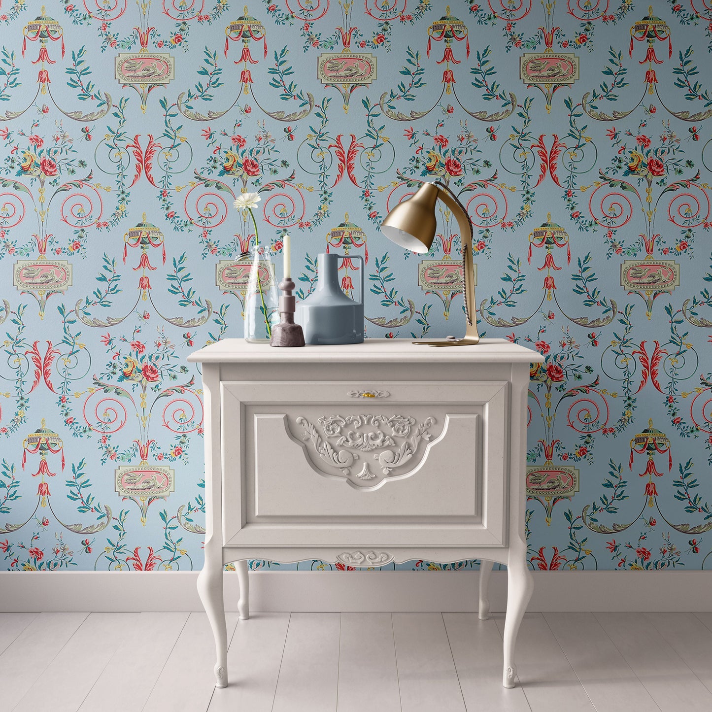 Dollhouse Wallpaper, Miniature, Light Blue Arabesque, Peel and Stick or Premium Matte; Neoclassical Luxury 1:12